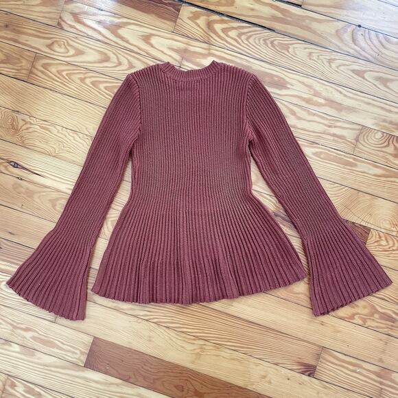 Rust Ribbed Flare Sleeve Knit Sweater Peplum Hem Boho Fall Cottagecore Chic S - Picture 8 of 8